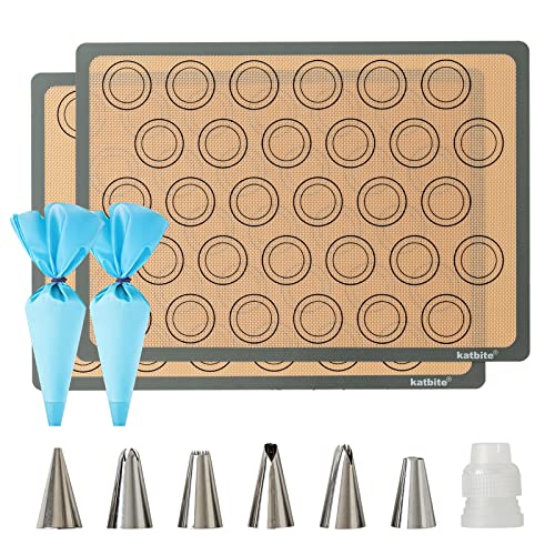 Katbite Macaron Silicone Baking Mat Set of 2 Grey | 2 Half Sheet Mats, Reusable & Nonstick Macarons Baking Supplies Silicone Bakeware Mats for Macarons Cookies