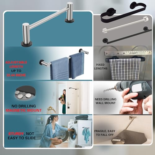 Magnetic Towel Holder,1 Set Magnetic Towel Rail Silver with Adjustable Length, Non-Slip Stainless Steel Towel Rail for Refrigerator, Oven, Dishwasher, Cabinet, Laundry
