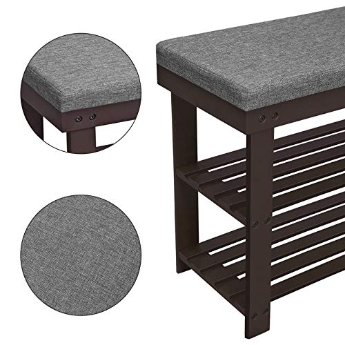 SONGMICS Bamboo Shoe Bench, 3-Tier Shoe Rack Organizer for Entryway, Living Room, Bench Seat Holds Up to 300 lb, 11.9 x 28.3 x 19.2 Inches, Rustic Walnut and Slate Gray ULBS604CG