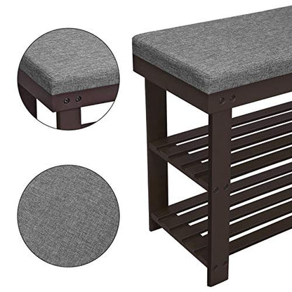 SONGMICS Bamboo Shoe Bench, 3-Tier Shoe Rack Organizer for Entryway, Living Room, Bench Seat Holds Up to 300 lb, 11.9 x 28.3 x 19.2 Inches, Rustic Walnut and Slate Gray ULBS604CG