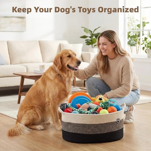 Optish 40L Extra Large Dog Toy Basket, XL Toy Storage Box and Bin with Handles, 20" x 14" x 9" Woven Cotton Rope Foldable Basket for Blankets, Living Room, Bedroom, Home Decor, Black & Brown