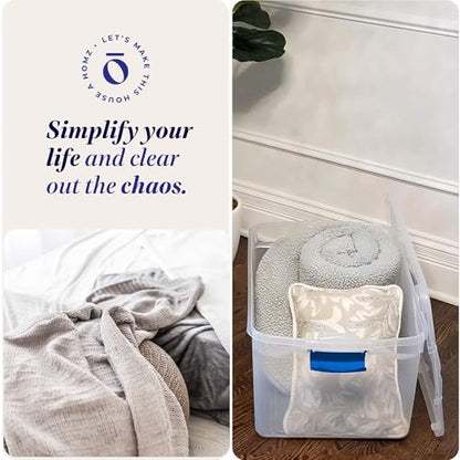 HOMZ Clear Plastic Storage Bins w/Latching Lid, 66 Qt, Blue Latch, 2 Pack | Large Stackable Container Boxes for Homes, Bathrooms, Garages, and Office Organization