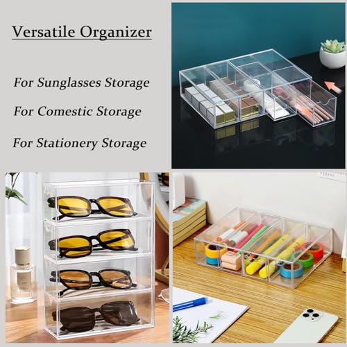 Kenpal Sunglasses Organizer for Multiple Pairs, Acrylic Stackable Glasses Holder with 4 Drawers, Transparent Eyeglass Case