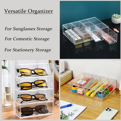Kenpal Sunglasses Organizer for Multiple Pairs, Acrylic Stackable Glasses Holder with 4 Drawers, Transparent Eyeglass Case