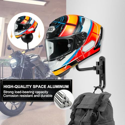 Motorcycle Helmet Holder (2 Pack) Wall Mount for Football /Bicycle Helmet | Helmet Hanger 180° Rotation Helmet Rack with Double Hook for Helmet, Hat, Cap, Sportswear, Motorcycle Accessories