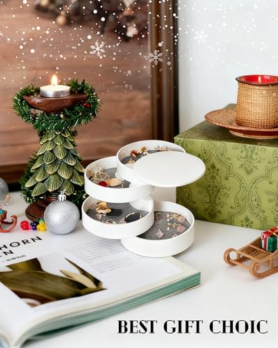 Jewelry Organizer, Small Jewelry Storage Box Earring Holder for Women, 4-Layer Rotating Travel Jewelry Tray Case with Lid for Bracelets Rings Bracelets, Gift for Women Teen Girls(White)