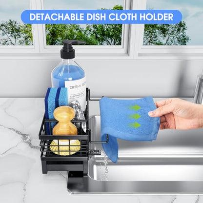 Kitchen Sink Sponge Holder, Rustproof Non-Slip Self-Draining Metal Sink Caddy with Detachable Dish Cloth Holder (Black)