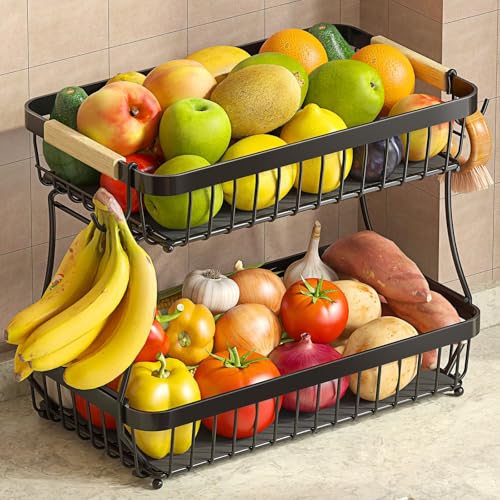 2-Tier Fruit Basket with Banana Hangers, Detachable Metal Bowl | Wooden handle, protective mats included. Versatile holder for bread, snacks, and veggies. Large 2 tier metal design.