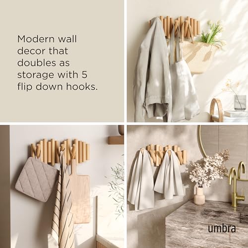Umbra Picket Coat Rack, Wall Mount 5 Flip-Down Coat Hooks, Natural | Beveled pine wood dowels, supports up to 5 lbs, mounting hardware included, space saving