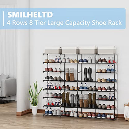 SMILHELTD Large Shoe Rack 4 Row 8 Tier for Entryway Holds 64 Pairs | Metal & Plastic Sneaker Shelves, DIY Assembly, Space Saving Storage Organizer for Garage Closet, 66.1"W x 49.2"H