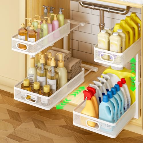 Under Sink Organizer 2-Pack, Metal 2-Tier Pull-Out... (2 Count | White | Carbon Steel)