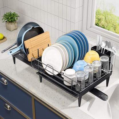 TOOLF Lagre Dish Drying Rack, Expandable Sink Dish Drainer, Black | Extendable 16.7" to 26.8", Stainless steel, Rust-proof, Fits Kitchen counter, Fast Drainage, Cutlery Holder, Space-Saving
