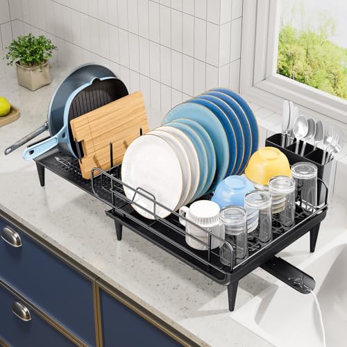 TOOLF Lagre Dish Drying Rack, Expandable Sink Dish Drainer, Black | Extendable 16.7" to 26.8", Stainless steel, Rust-proof, Fits Kitchen counter, Fast Drainage, Cutlery Holder, Space-Saving