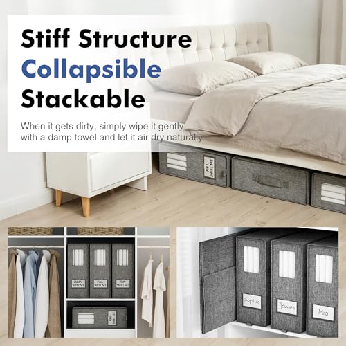 Furnhome Bed Sheet Organizers and Storage 4 Pack for Linen Closet, Foldable Sheet Set Holder with Window & Labels, Stackable Bedding Storage Boxes for Sheets, Duvet Covers, Blankets