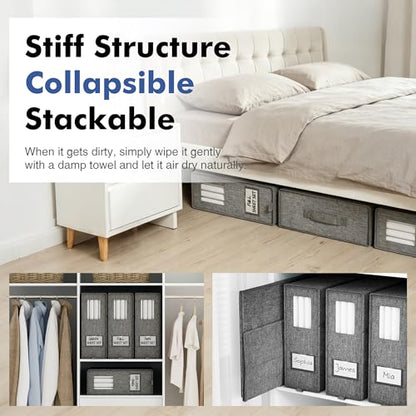 Furnhome Bed Sheet Organizers and Storage 4 Pack for Linen Closet, Foldable Sheet Set Holder with Window & Labels, Stackable Bedding Storage Boxes for Sheets, Duvet Covers, Blankets