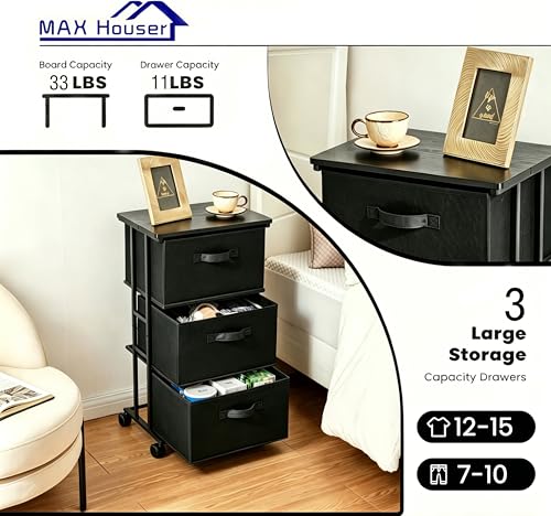 Dresser Storage with 3 Drawers, Fabric Dresser Tower, Vertical Storage Unit for Bedroom, Closet, Office, Black