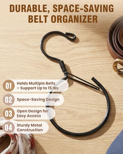 Supforce 4 Pack Belt Hanger, 360° Swivel Belt Organizer for Closet, Black | S Hook Design, Tangled Belt Relief, Drawer Clutter Control, No Drill Setup, Easy Access, Rust-Resistant, Bedroom/Dorm/RV Use