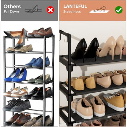 LANTEFUL 4 Tier Shoe Rack for Closet Shoe Organizer with 5 Hooks, Long Shoe Shelf Storage for Shoe and Boot Stackable Free Standing Shoe Rack for Entryway, Garage, Small Spaces, Dorm, Black