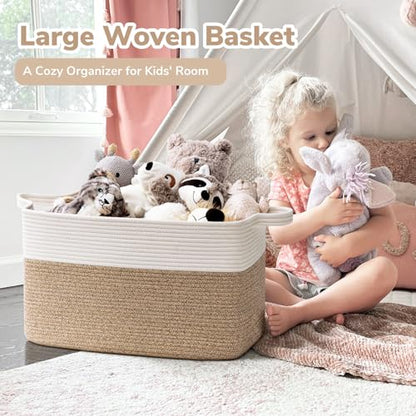 Goodpick Large Woven Rope Blanket Basket, Rectangle, White & Light Brown | 21.6" × 14.9" × 11.8" Storage Basket for Pillows & Toys Laundry, Nursery & Living Room Organization, Reinforced Handles