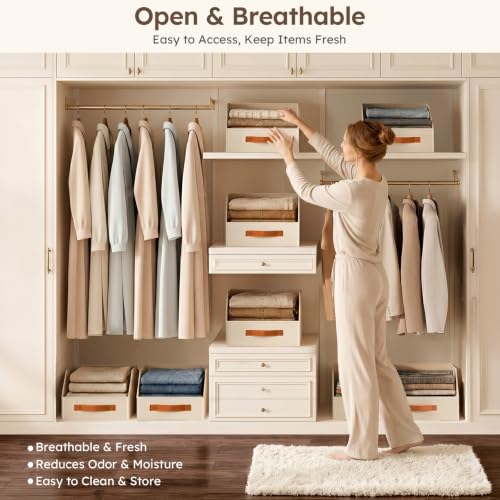 Fabric Storage Bins for Organizing - 6 Pack Large Trapezoid Collapsible Storage Bins with Front Handle, Closet Organizers and Storage for Bedroom, Home Shelves, Small Spaces, Beige