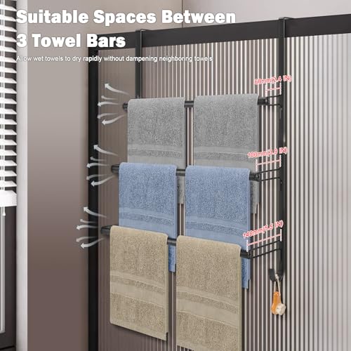 3-Tier Over The Door Towel Rack, All Metal Towel Rack with Hooks for Door Hanging, Behind Door Towel Bar Towel Storage Holder for Bathroom Accessories, Black (19.37" L x 5.9" W x 24.4" H)