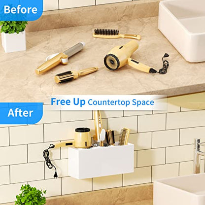 NIUBEE Hair Tool Organizer Wall Mount, Hair Dryer Holder for Bathroom,White | Acrylic Hair Organizer Storage Countertop, Blow Dryer Holder, Hot Tools Organizer for Curling Iron, Brush, 2 Stainless Cups