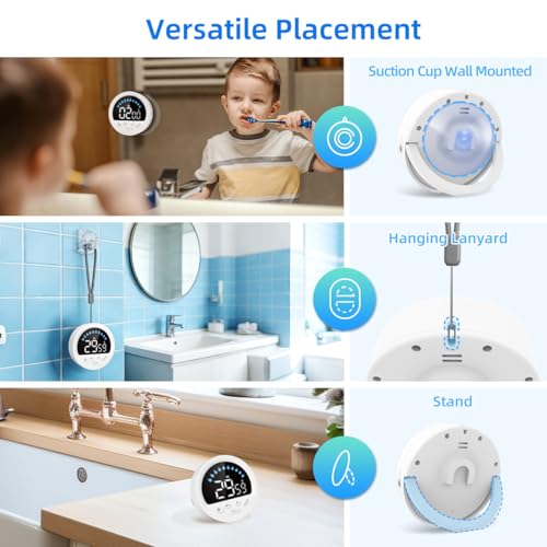 Waterproof Shower Timer for Bathroom Kitchen with Countdown Count-up, White | Large LED Display, 3 Brightness, 4 Volume, Battery Powered, Suction Cup Mounted Digital Stopwatch for Toilet Classroom