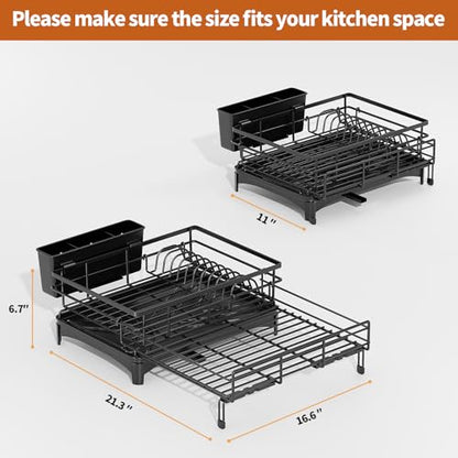 Laveshop Dish Drying Rack - Expandable Rack, Large Capacity Dish Drainer for Kitchen Counter, Rust-Proof with Utensil Holder, Black