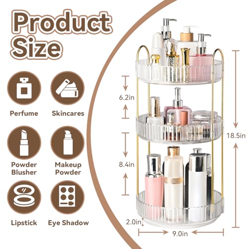 360° Rotating Makeup Organizer for Vanity, 3 Tier Perfume Organizers, Clear | Large Capacity Spinning Bathroom Countertop Organizer for Skincare Cosmetic Perfume Lipstick Nail Polish Storage