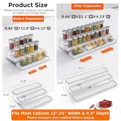 Expandable Spice Rack Organizer for Cabinet - 3 Tier Adjustable Cabinet Spice Organizer Easy Visibility - Spice Organizer for Cabinet Countertop Cupboard Pantry Organization (White)