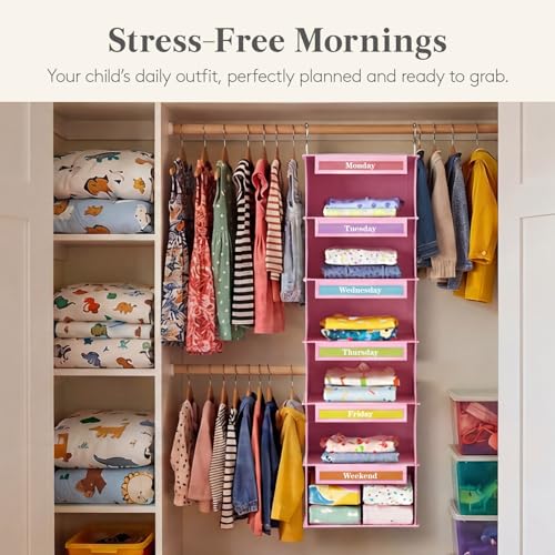 Lifewit 6 Shelf Weekly Hanging Clothes Storage Organizer for Kids, Pink | Closet Storage with Color Labels for School Outfits, Daily Clothing Divider with Days of The Week Monday to Friday Weekend