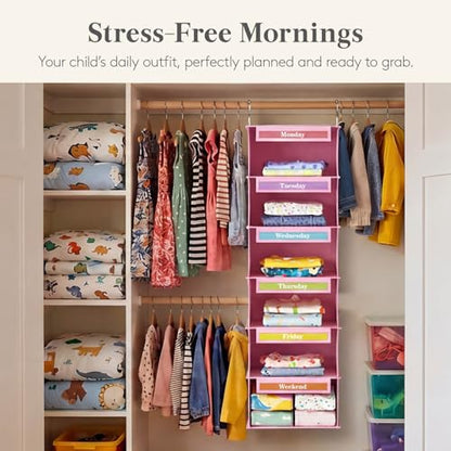 Lifewit 6 Shelf Weekly Hanging Clothes Storage Organizer for Kids, Pink | Closet Storage with Color Labels for School Outfits, Daily Clothing Divider with Days of The Week Monday to Friday Weekend