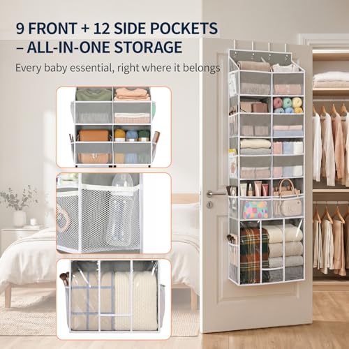 Yecaye Over the Door Organizer 5-Shelf, Behind the Door Storage 80lbs Capacity with Extra Large Pocket, Back of Door Organizer and Storage for Baby Nursery Bedroom Dorm Bathroom RV, Grey