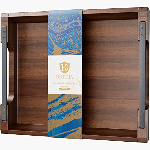 Acacia Wood Serving Tray with Metal Handle, 17x13in Tray for Ottoman | Decorative Food & Drink Tray for Coffee Table, Breakfast, Dinner, BBQ, Party, Lap, Couch, Rustic Home Decor, Elegant Gift Box