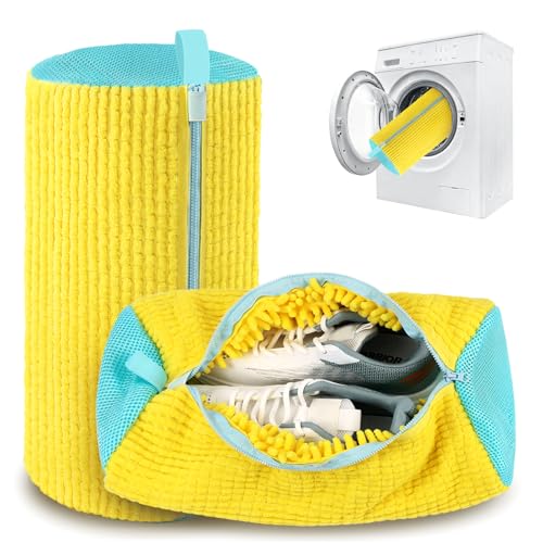 2 Pack Shoe Washing Machine Bag, Laundry Shoe Bag for Washer and Dryer, Reusable Shoe Cleaning Bag for Sneakers and All Shoes Types with Self-Locking Zipper (Yellow)