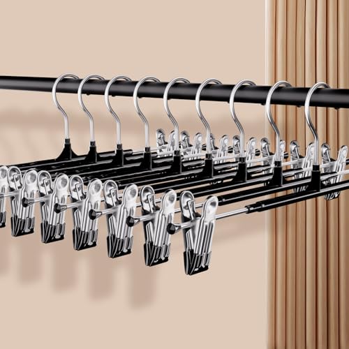 Pants Hangers with Clips 30 Pack, 12 Inch Adjustable Non-Slip Heavy Duty Skirt Hangers for Women, Space Saving Clothes Hangers for Pants, Jeans, Trousers, Shorts, Slacks, Dresses, Black