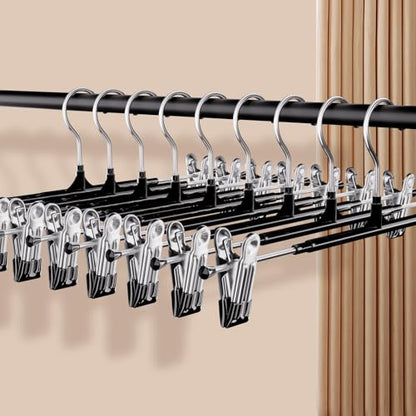 Pants Hangers with Clips 30 Pack, 12 Inch Adjustable Non-Slip Heavy Duty Skirt Hangers for Women, Space Saving Clothes Hangers for Pants, Jeans, Trousers, Shorts, Slacks, Dresses, Black