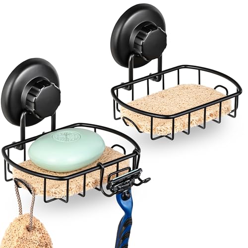 HASKO 2 Pack Suction Cup Soap Dish for Shower Wall... (Black (2 Pack) | Stainless Steel)