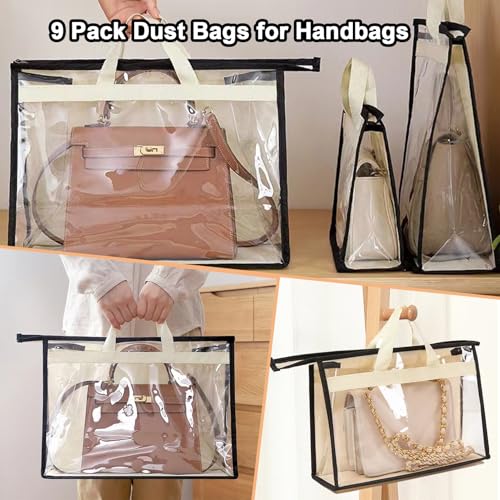 9Pack Dust Bags for Handbags,3 Sizes Clear Purse Storage Organizer | Transparent Handbag Storage,Purse Protector Storage Bag,Purse Cover Hanging Closet Organizer with Zipper Handles