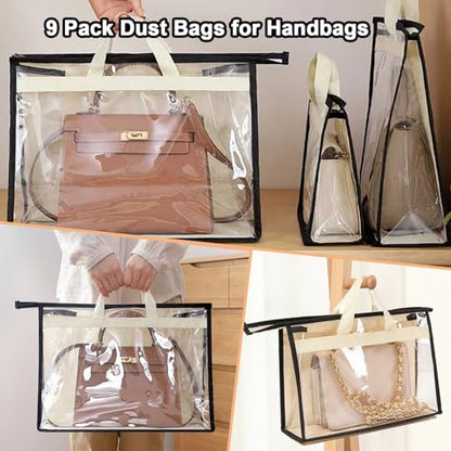 9Pack Dust Bags for Handbags,3 Sizes Clear Purse Storage Organizer | Transparent Handbag Storage,Purse Protector Storage Bag,Purse Cover Hanging Closet Organizer with Zipper Handles