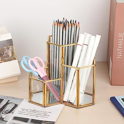 Hipiwe Glass Makeup Brush Holder 3 Slot Gold Desktop Pen Pencil Pot Cup | Mirrored Cosmetics Brush Organizer, Office Desk Storage Holder Vintage Decorative Makeup Storage Box, Large