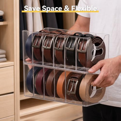 Clear Acrylic Belt Organizer 2 Pack, Stackable Belt Holder with 5 Removable Dividers & Built-in Handles, Multi-Purpose Drawer Closet Storage Display Bin for Belts, Ties, Socks, Underwear