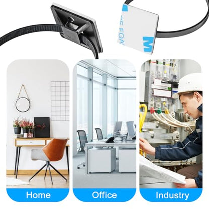 200pcs 3/4" Back-Glue Self Adhesive Black Strong Cable Zip Tie Mounts with 8" Ties, Screws, UV Protection Outdoor Sticky Wire Fasteners Cable Clips Management Anchors Organizer Holders Squares