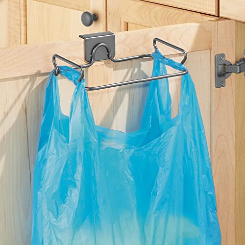 mDesign Over the Cabinet Metal Wire Small Garbage Container, Trash Bag Holder Rack for Recycled Reusable Disposable Plastic Shopping Grocery Bags for Kitchen, Pantry, Garage, Bathroom - Graphite Gray