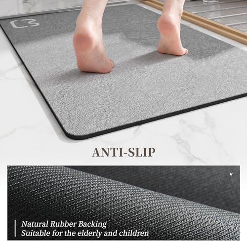 Grey Long Bathroom Rugs Large Stone Bath Mats for Bathroom,15.7"x47" | Non Slip Rubber Backed Quick Dry Super Absorbent Diatomaceous Earth Bath Mat Extra Long Thin Diatomite Bathroom Mat Runner