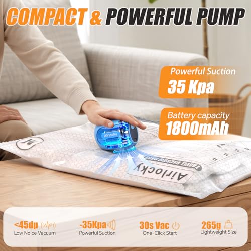 Travel Vacuum Bags with Rechargeable Pump, 12 Pack Compression Packing Bags with 35KPA Electric Pump, 90% Space Saver for Clothes, Vacuum Seal Bags fo Carry-on Luggage Suitcase