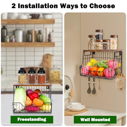 Fruit Basket for Kitchen, Metal Fruit Vegetable Storage Bin with 2 Banana Hangers, Countertop Wire Basket Organizer for Snack Potato Onion, Screw Mounted or Stand (Black, 1 Pack)