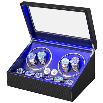 ANWBROAD Watch Winder for Automatic Watches, Watch Winder 4 Watches | 4 Watch Rotator and 6 Extra Storages with Quiet Motor and LED Backlight Turner Carbon Fiber Shaker 4 Rotating Modes UJWW002F