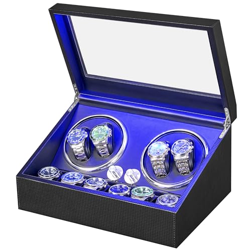ANWBROAD Watch Winder for Automatic Watches, Watch Winder 4 Watches | 4 Watch Rotator and 6 Extra Storages with Quiet Motor and LED Backlight Turner Carbon Fiber Shaker 4 Rotating Modes UJWW002F