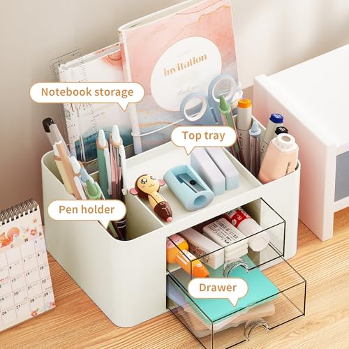 Marbrasse Pen Organizer with 2 Drawer, Multi-Functional Pencil Holder for Desk, Desk Organizers and Accessories with 5 Compartments + Drawer for Office Art Supplies (Beige)
